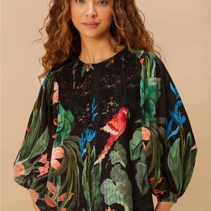 FARM Rio Black Blouse with Green Leaves & Pink Parrot Print